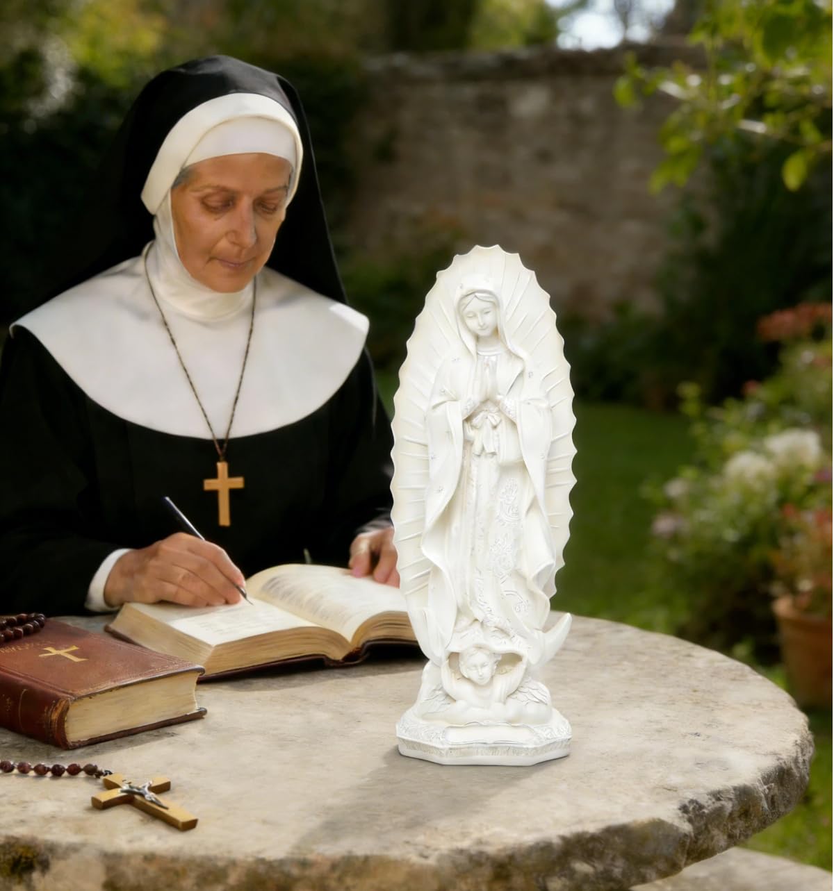 12" Virgen de Guadalupe Statues Ivory White, Our Lady of Guadalupe Catholic Resin Statues Elegant Handicrafts, Virgin Mary Religious Statue Decor Gift for Women Men Birthday Xmas