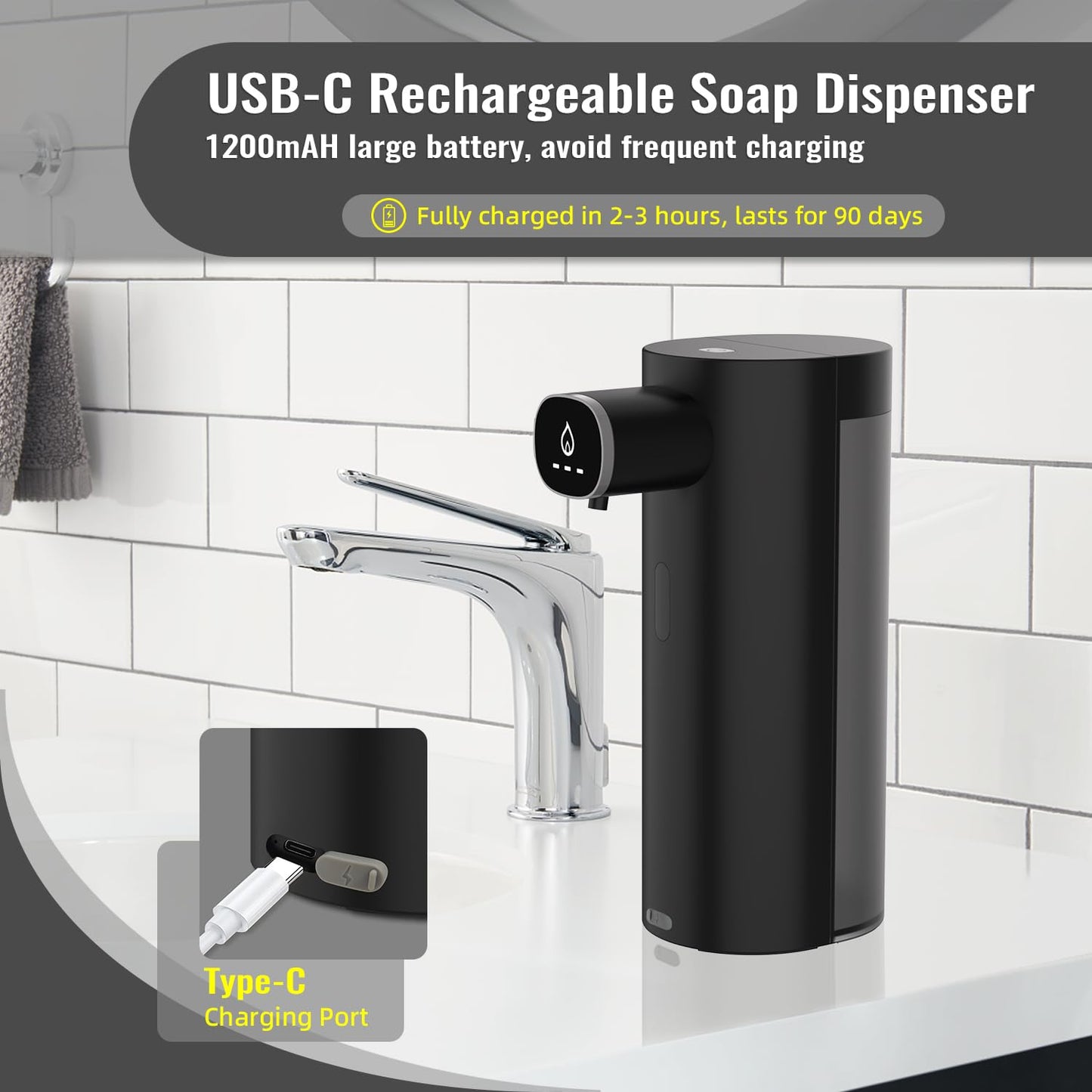 Automatic Liquid Soap Dispenser Touchless, USB Rechargeable Smart Hand Soap Dispenser, 13.5oz/400ml, 3-Level Adjustable, Compatible with Thick Thin Dish Soap for Bathroom Kitchen, Clog-Free (Black)