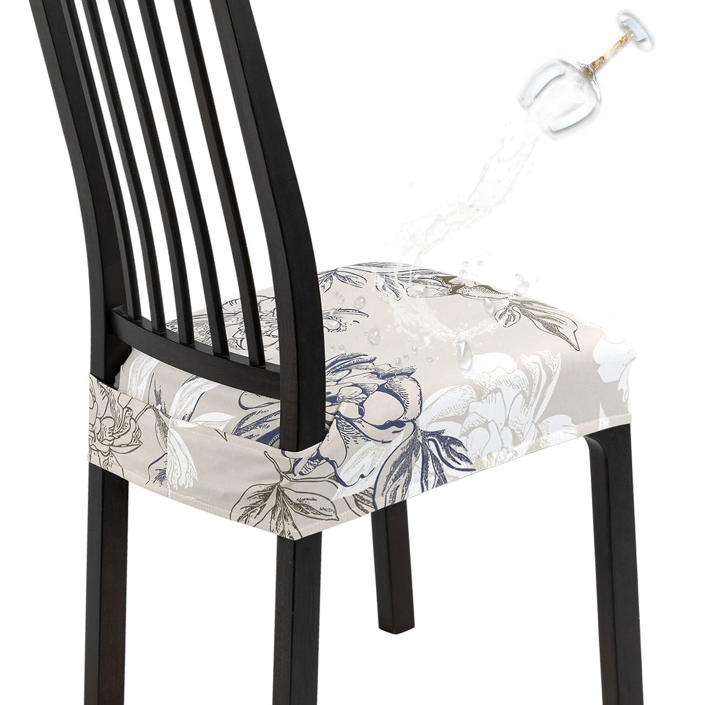 SearchI Waterproof Dining Chair Seat Covers Set of 4, Washable Stretch Seat Covers for Dining Chairs, Dining Room Seat Cover Protector (Rear-Covered, Brown and Blue Flower)