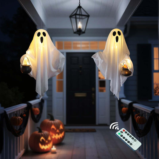 [Timer] 2 Pack Halloween Light Up Ghost Decorations, Battery Operated Flying Hanging Ghosts Glowing Led Lights Remote Control 8 Lighting Modes Floating Swinging Yard Garden Porch Outdoor Indoor Decor