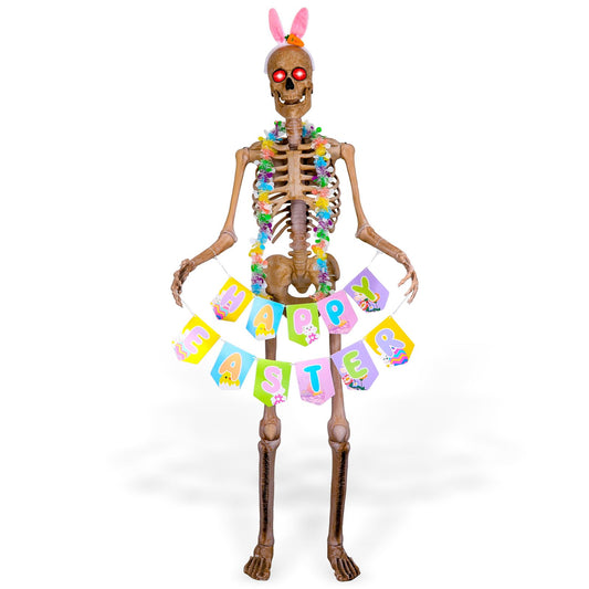 OBUSATT Easter 6 Ft Skeleton Costume Accessories Kit Large Bunny 6 Ft Giant Skeleton Outfits with Bunny Headband Easter Banner Multicolor Garland for Holiday Outdoor Garden Yard Lawn Decorations