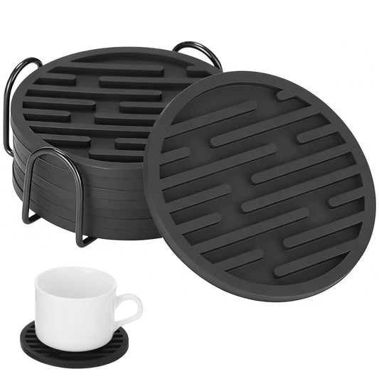 8 Pcs Black Silicone Coasters Set with Storage Holder, 3.9 in Round Modern Groove Pattern Drink Mats, Thick Non-Slip Coasters for Home Office Tabletop Protection