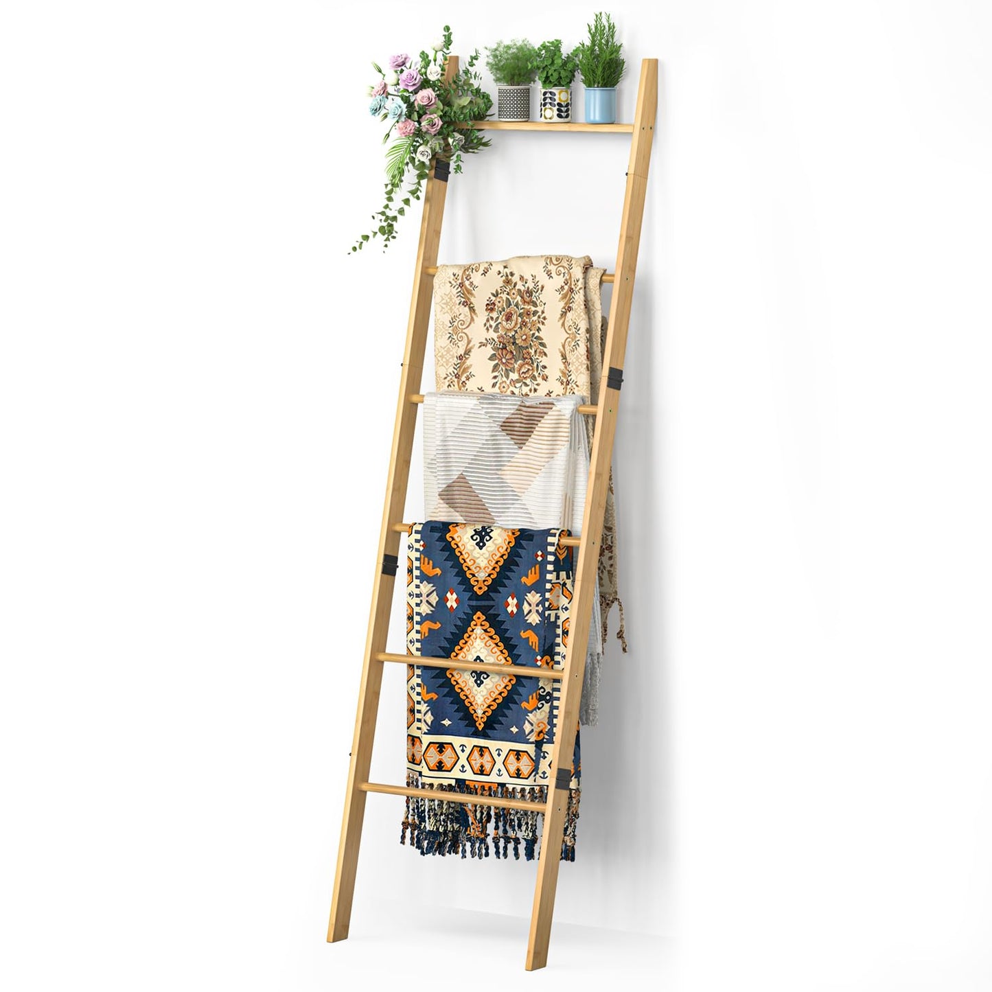 BAMBANG 6-Tier Blanket Ladder for Living Room, Blanket Quilt Ladder Rack Rustic Decorative Towel Holder, Wall Leaning Blanket Ladder Shelf Storage Farmhouse Decor for Bedroom Bathroom, Natural