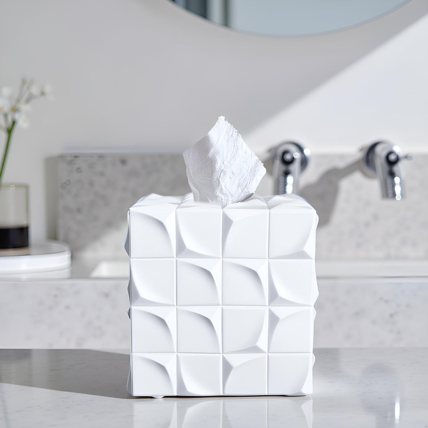 Huitony Square Tissue Box Cover Decorative Kleenex Box Holder for Bathroom & Living Room with Handcrafted Texture (White)