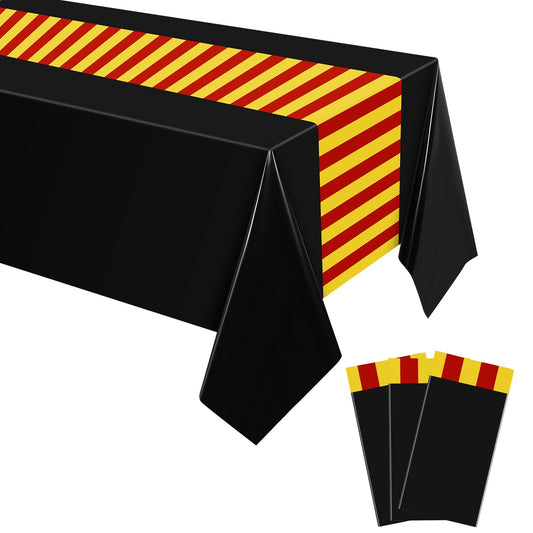 Oudain 3 Pcs Wizard Tablecloth 54 x 108 Inches Plastic Black Table Cover Red Golden Tablecloth Disposable Magical Party Supplies for Halloween Witch Birthday Party Decoration (Black Stripes)