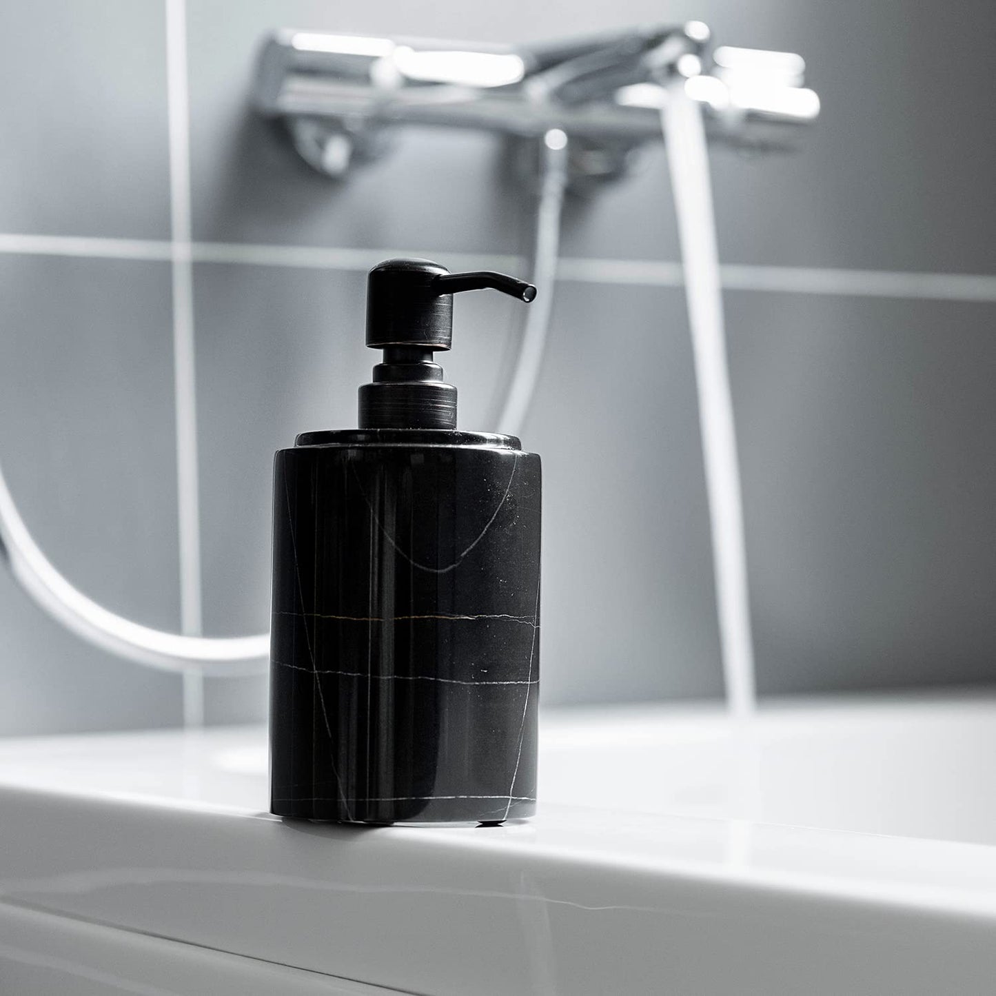 JIMEI Black Marble Soap Dispenser Hand or Dish for Bathroom & Kitchen - Decorative Natural Marble Stone Liquid Soap/Lotion Dispenser - Stainless Steel Soap Dispenser Easy-Glide Pump - Refillable