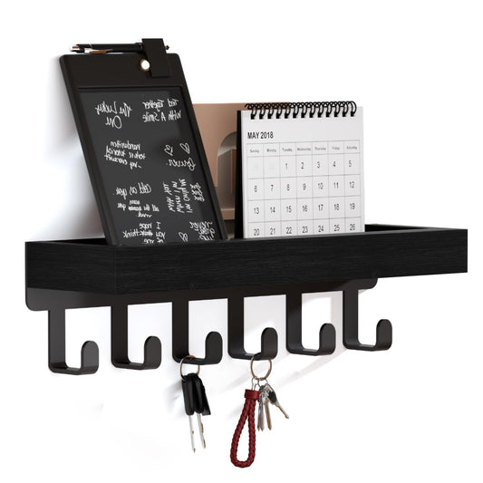SWTYMIKI Key Holder Wall Mount - Wooden Key Hooks for Wall with Mail Organizer & 6 Hooks, 2 Installation Ways Key Hanger, Key Rack with Shelf for Entryway Living Room Bedroom Office Home Decor Black