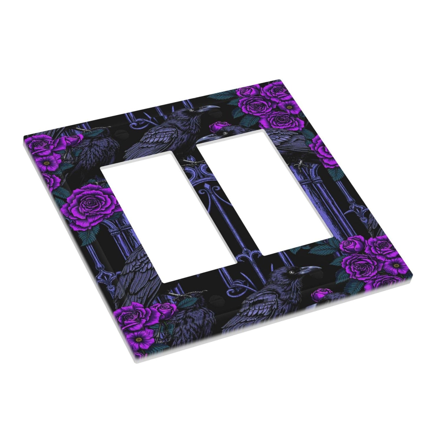 Naiqadnehz Decorative Outlet Covers Gothic Style Crow Purple Flowers 2 Gang Double GFCI Rocker Electrical Wall Panels Light Switch Cover Plate for Bedroom living Room Decor