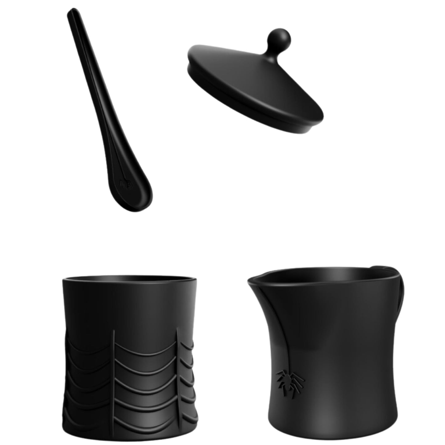 New - Nomnu Black Spiderweb Sugar and Creamer Set. Ceramic Sugar Bowl with Lid and Spoon, and Creamer Pitcher. Gothic Decor, Perfect for Goth Lovers, Includes Spider-Embossed Design