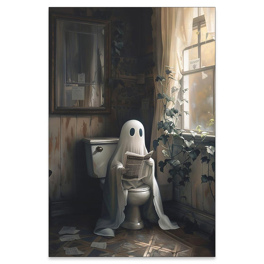 XMOPNITIN Halloween Ghost on Toilet Posters Funny Gothic Bathroom Wall Art Vintage Victorian Canvas Oil Painting for Restroom Wall Decor 16X24 inch Unframed