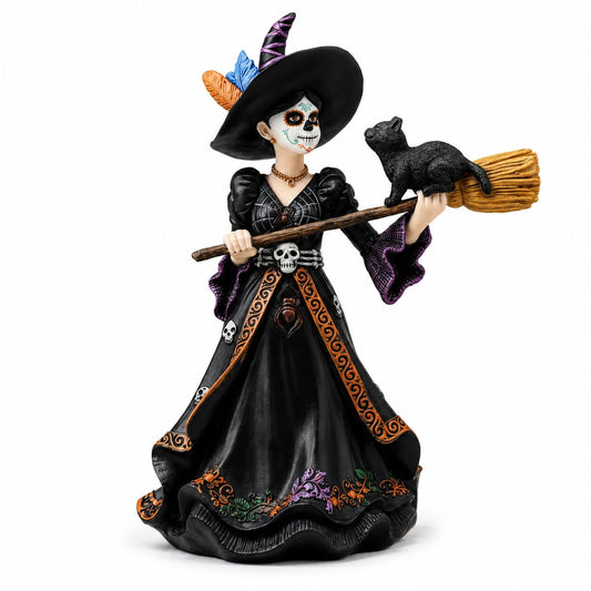 Comfy Hour 9" Dark Fairy Witch Figurine on Broom, Gothic Sorceress with Black Cat Statue, Mystical Fantasy Home Office Desktop Decor, Artisan Crafted Resin Sculpture, 1 Unit