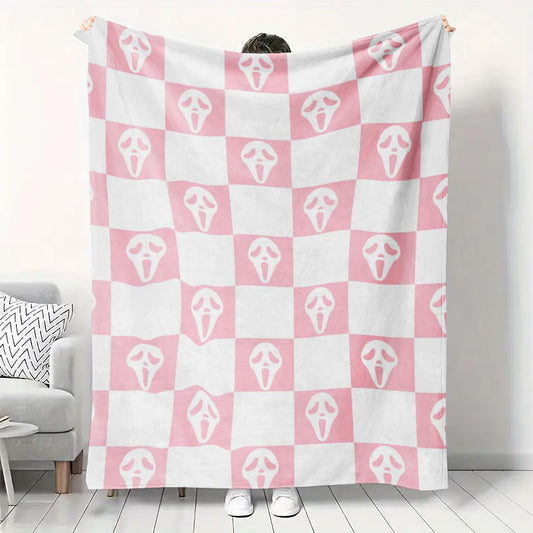 Halloween Spooky Face Throw Blanket, Pink and White Checkered Pattern, Halloween Ghost Blankets Fuzzy Gifts for Sofa Couch Bedroom (80" x 60")