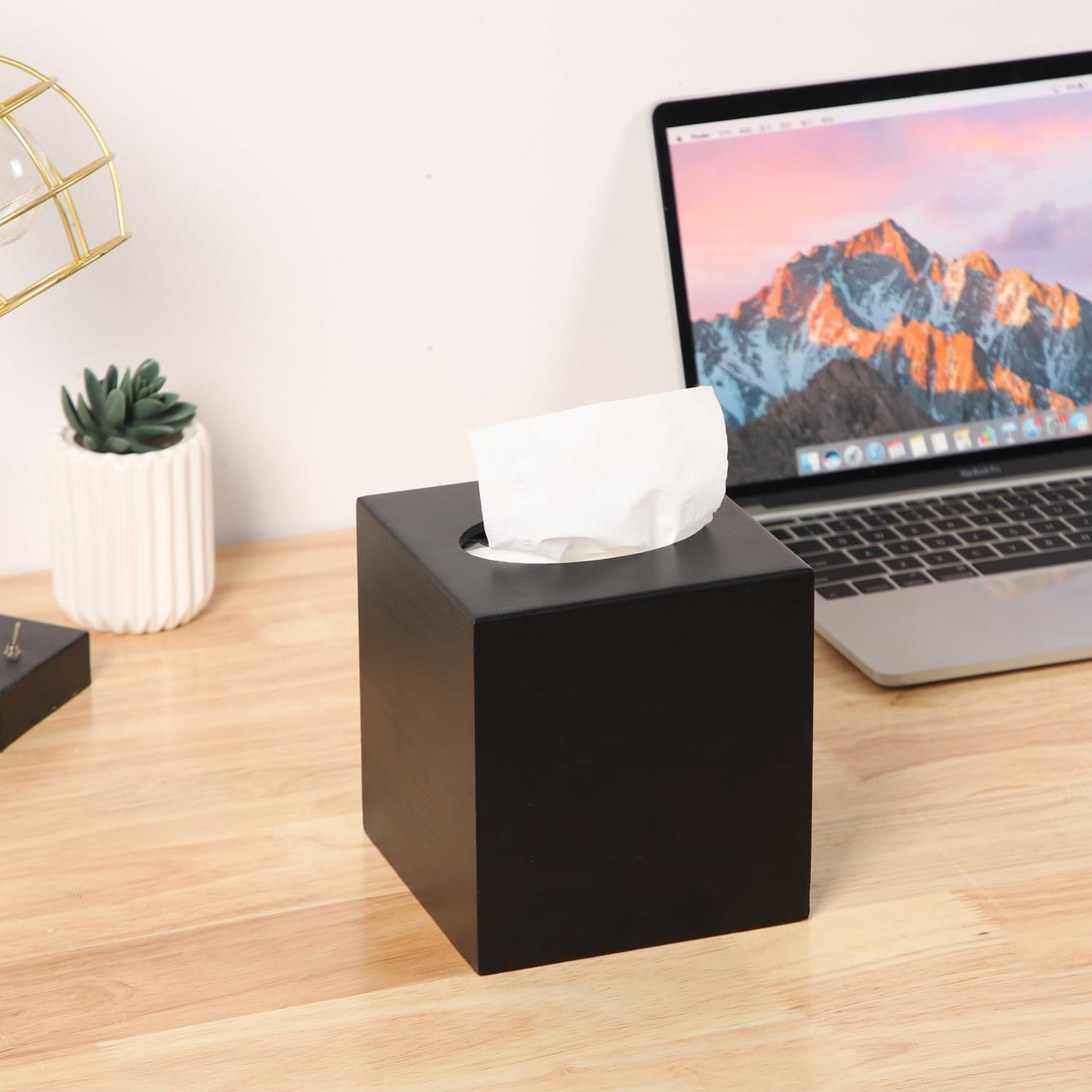 CATORY Tissue Box Cover Square,Wooden Tissue Box Holder,Cube Tissue Box Cover with Slide-Out Bottom,Decorative Tissue Box Holder Covers Your Tissues for Bathroom,Living Room,Office-Black, TBC04B