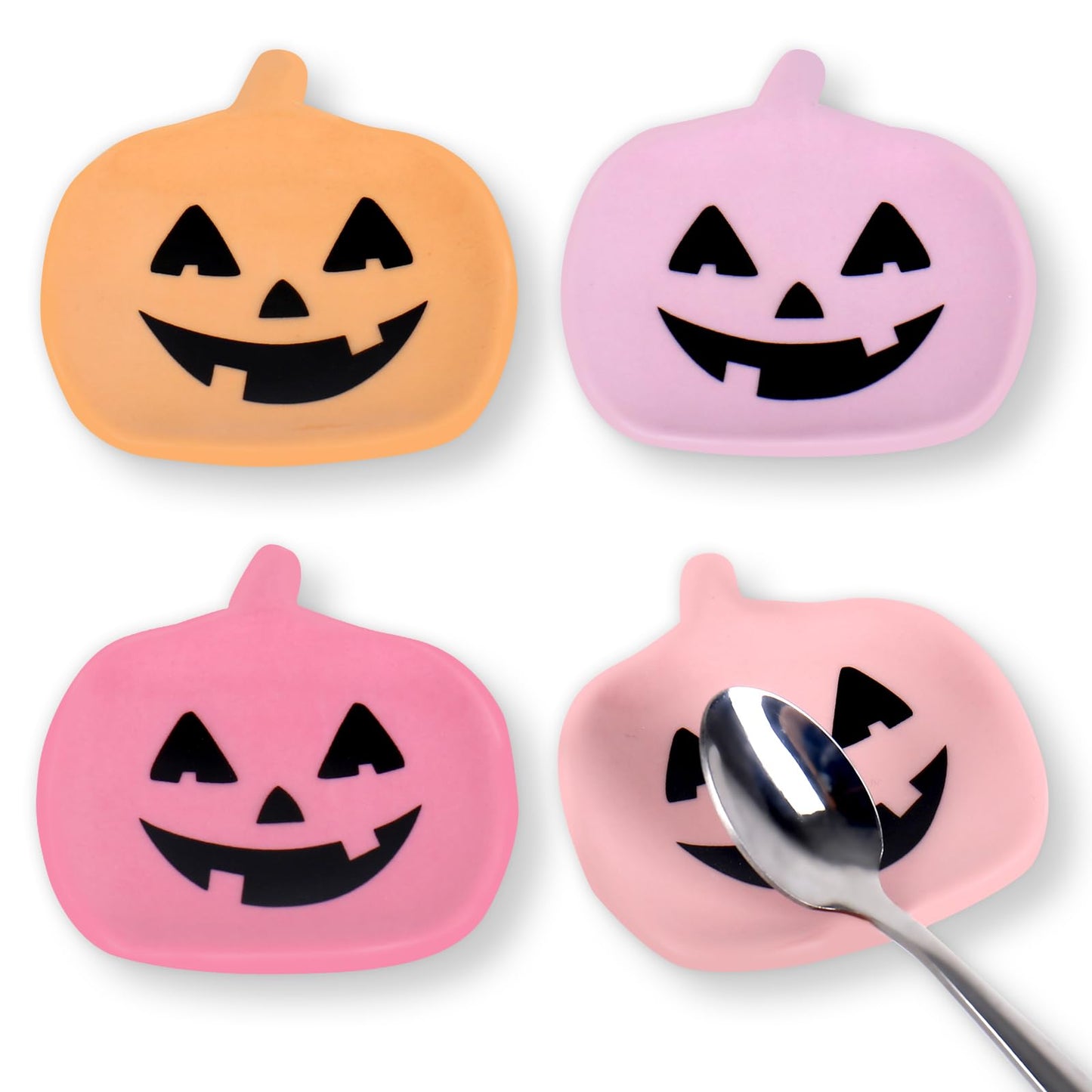 Whaline 4 Pcs Halloween Mini Ceramic Spoon Rests 2.6 Inch Pink Purple Orange Pumpkin Small Coffee Spoon Holder for Coffee Stirrers Teaspoon Home Station Bar Accessories