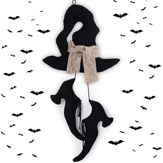 2 Pcs 12 Inch Vintage Halloween Witch Wall Decor Primitive Hanging Witch Shoes Hat Set Halloween Door Sign for Farmhouse Front Door Porch Decor