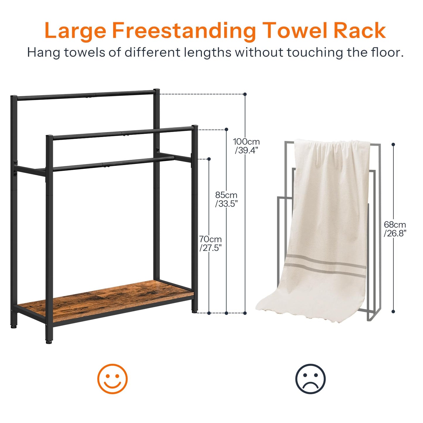 HOOBRO Extra Large Free Standing Towel Rack, 3 Tier Blanket Rack, Blanket Holder for Bathroom, 32.3" L x 11.4" W x 39.4" H, for Living Room, Bedroom, Rustic Brown and Black BF30LB01