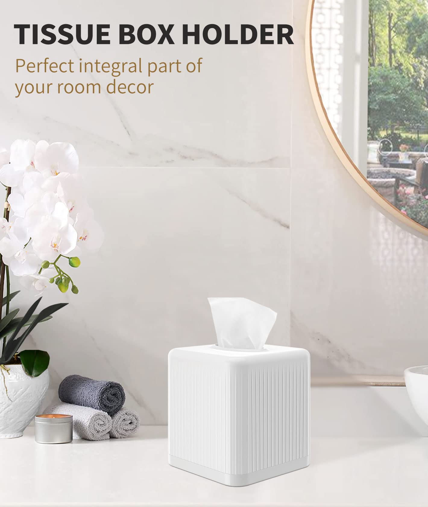 Livelab Tissue Box Cover with Base, Square Plastic Tissue Box Holder Decorative Tissue Cover Modern Cube Facial Tissue Dispenser for Bathroom Vanity Countertop, Living Room, Bedroom, Office - White