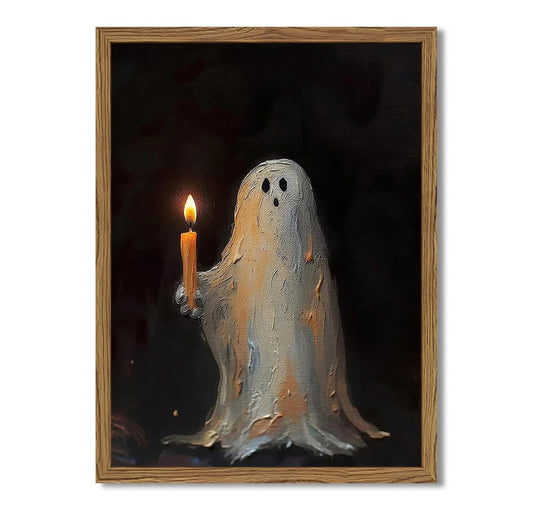 Framed Vintage Halloween Ghost Canvas Wall Art, Cute Ghost Holding Candle Pictures Wall Decor, Spooky Gothic Dark Academia Paintings Prints for Living Room Bedroom Bathroom 12x16 inch