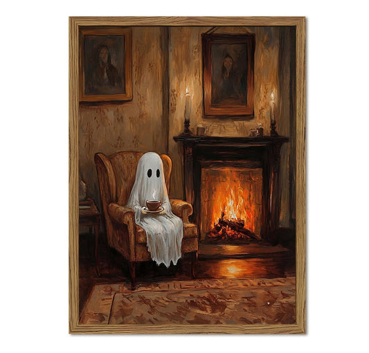 Framed Vintage Ghost Wall Art, Cute Spooky Ghost Drinking Tea Canvas Prints, Halloween Ghosts Poster, Cozy Fireplace Victorian Oil Painting, Halloween Wall Decor Pictures 8x10 inch Wood Frame