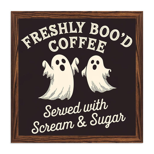 Spooky Halloween Theme Freshly Boo'd Coffee Wooden Sign, With Frame Coffee Bar Art Plaque Sign for Home Kitchen, Cafe, Bar, Garage Halloween Decor 7.87x7.87 Inch
