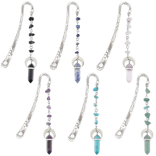 SUNNYCLUE 6Pcs Stone Bookmarks Charm Book Marks Antique Silver Metal Alloy Vintage Natural Synthetic Gemstones Crystal Dangle Pendant Hook Book Makers for Books Teacher Friend Reading Accessories