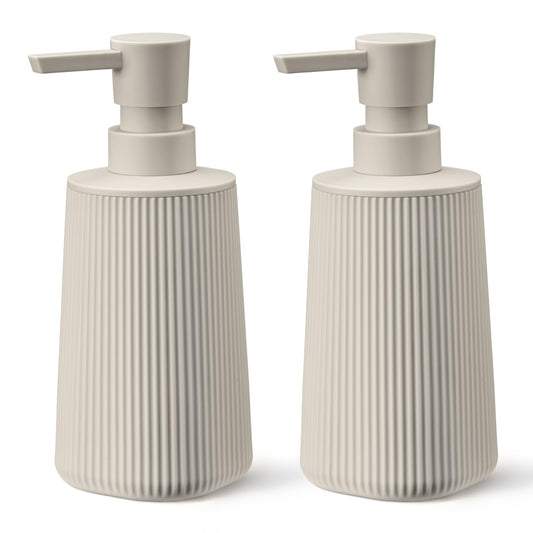 zuxzmj Beige 2 Pack Hand Soap Dispensers Set with No Rust Pump for Bathroom and Kitchen Countertops Refillable Matte Striped Plastic 8.5 oz