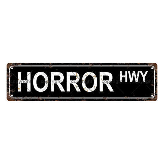 HORROR HWY BOOKSHELF Metal Tin Street Sign Bar Cafe Garage Cave Home Room Wall Bathroom Farmhouse Garden Porch Patio Decor, 16 x 4 Inch