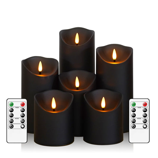 Fo32won Flameless Flickering Candles with Remote Timer, Set of 6 Led Black Battery Operated Candles for Home Decor Xmas Halloween (D3 x H3 3" 4" 5" 6" 7")