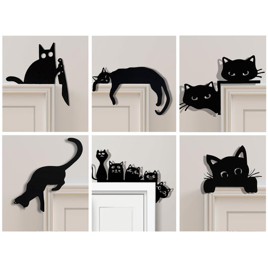 2025 Metal Set of 6 Cat Door Topper: 6 Pcs Black Cat-Themed Wall Mount Decorative Over Door Decor Adorable Frame Decoration Knife Cat Silhouette Corner Christmas Halloween Indoor Outdoor Spooky Sign