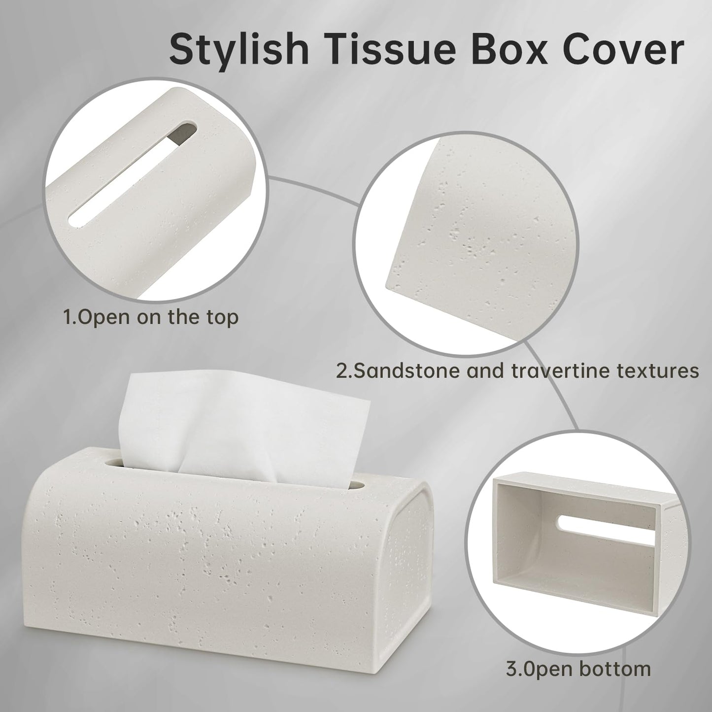 Resin Tissue Box Cover Rectangle, Decorative Facial Tissue Holder Covers Toilet Paper Holder Travertine Stone Look Paper Dispenser Home Decor for Bathroom Bedroom Living Room Office - Off White