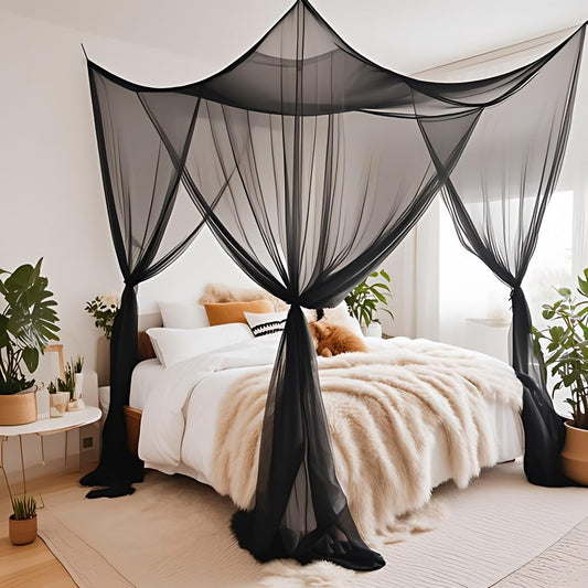 Black Bed Canopy, Canopy Bed Curtains for Twin Full Queen Size, Square Mosquito Net for Bedroom Patio Indoor Outdoor, Gothic Halloween Decoration, Breathable and Portable
