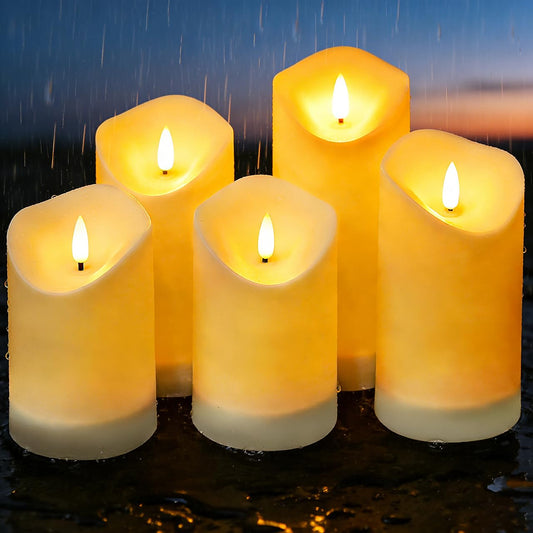 Nimiko Solar Outdoor Waterproof Flameless Candles - 5 Pack Solar & Battery Operated LED Candles, White (D3.25" x 4"/5"/6" Assorted Heights) for Garden, Patio, Outdoor Decoration