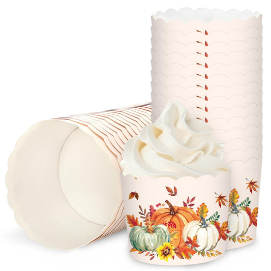 JarThenaAMCS 100 Pcs Fall Baking Cups Watercolor Orange Green White Pumpkin Maple Leaf Wrappers Cupcake Muffin Cases for Thanksgiving Autumn Party