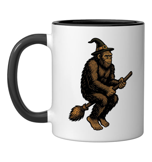 Bigfoot Witch Funny Sasquatch Broomstick Halloween Spooky Ceramic Mug, Black/White