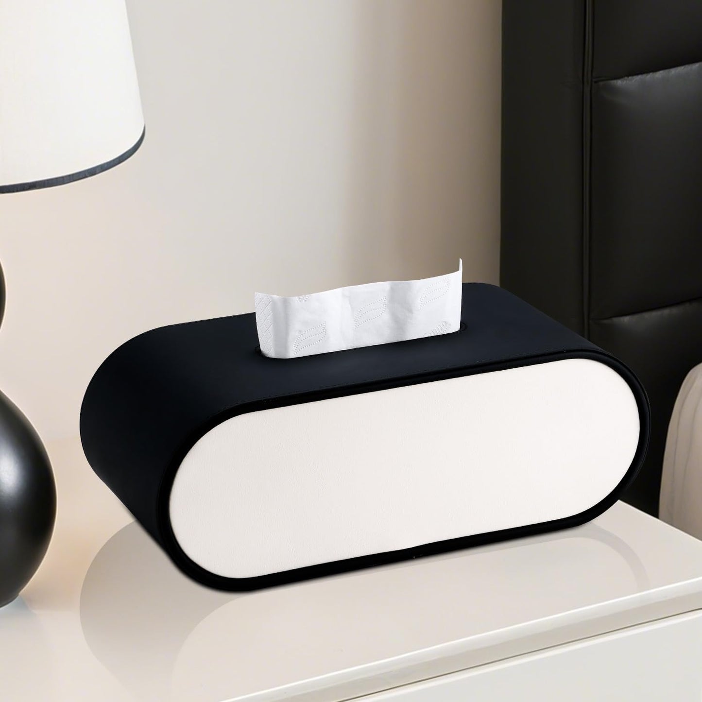 Tissue Box Cover,Black White Accents Oval Leather Tissue Box Holder,Decorative Tissue Cover for Bathroom Toilet Bedroom Living Room Table Desk Office