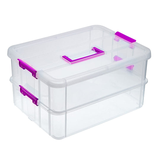 BTSKY 2 Layer Stack & Carry Box, Plastic Multipurpose Portable Storage Container Box Handled Organizer Storage Box for Organizing Stationery, Sewing, Art Craft, Jewelry and Beauty Supplies(Purple)