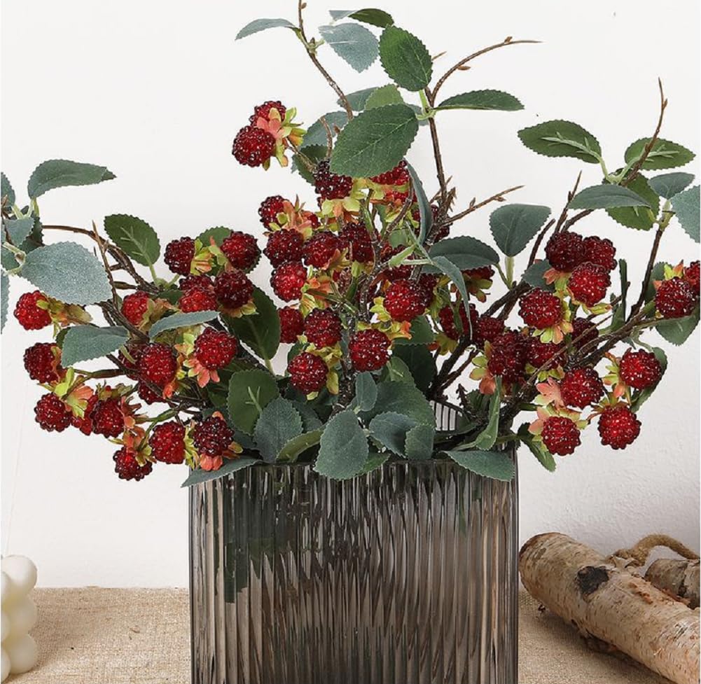 QFSH 7Pcs Artificial Raspberry Plant Stems 15.7'' Simulated Berry Bouquet for Home Decor Photography Props Wedding Decoration