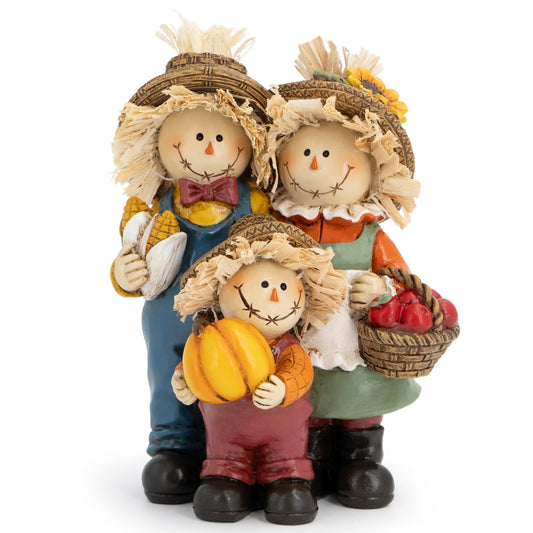 Hodao Thanksgiving Decorations for Table, Resin Fall Thanksgiving Scarecrow Family Figurine with Pumpkin, Corn & Apple Basket, Festive Gift for Autumn Home Decor