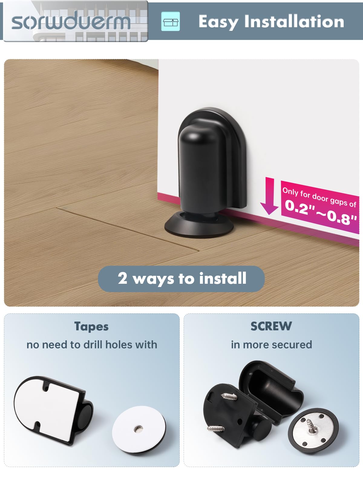 SORWDUERM 1 Pack Black Door Stopper Magnetic Door Cathc Matte Black Floor Mounted Door Stop Keep Door Open with Screws and Adhesive No Drilling