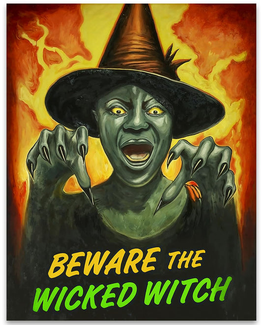Beware the Wicked Witch Vintage Wall Art 11x14 Unframed Poster – Dark Academia Retro Horror Movie Style Halloween Witch Illustration, Spooky Haunted House Creepy Artwork, Gothic Halloween Party Décor
