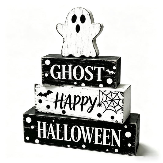 4 Pcs Ghost Halloween Decor Rustic Black and White Polka Dot Wooden Tiered Tray Block Signs Farmhouse Spooky Halloween Table Centerpiece Decor for Home Kitchen Shelf Coffee Bar