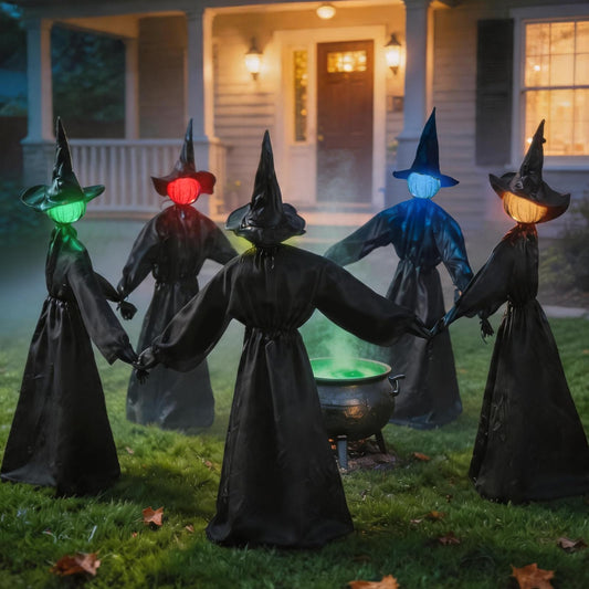 Halloween Decorations Outdoor - 5 Pack 4.26 FT Light Up Holding Hands Witches with Color Changing Glowing Faces - Halloween Witch Decor with Stake for Yard Lawn Garden Porch Haunted House Decor