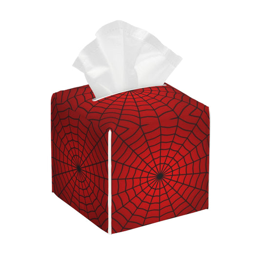 Spider Web Tissue Box Holder,Square Leather Tissue Box Cover with Bottom Belt,Waterproof Modern Napkin Holder Organizer for Car Bathroom Nightstand Vanity Office Tabletop,5.2" x 5.2" x 5.2"