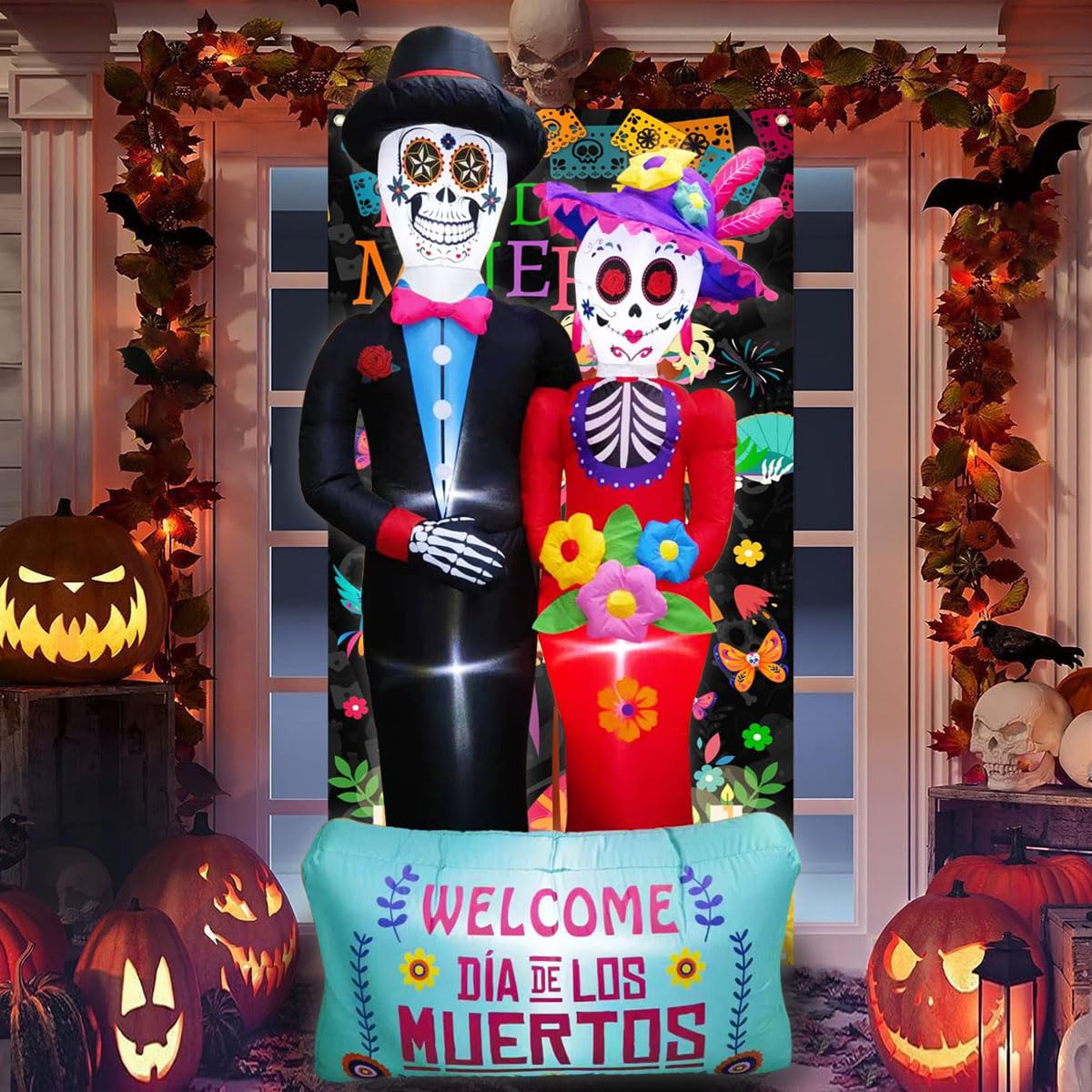 Dia De Los Muertos Decoration, 6 FT Halloween Inflatables Décor Day of The Dead Spooky Sugar Skull Couple, Blow Up Yard Decorations with Built-in LED for Outdoor Garden, Lawn