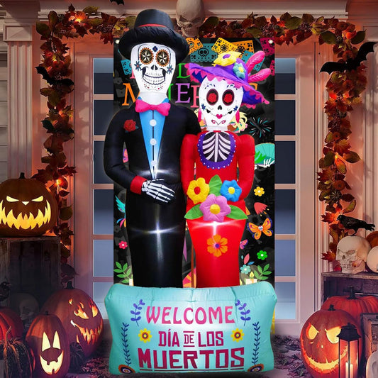 Dia De Los Muertos Decoration, 6 FT Halloween Inflatables Décor Day of The Dead Spooky Sugar Skull Couple, Blow Up Yard Decorations with Built-in LED for Outdoor Garden, Lawn