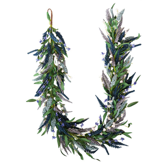 TEMPUS Artificial Lavender Garland 70 Inch | Faux Purple Flowers with Willow Leaves | Spring Wreath for Wedding Arch, Table Runner, Mantle Decor | Farmhouse Home Decorations