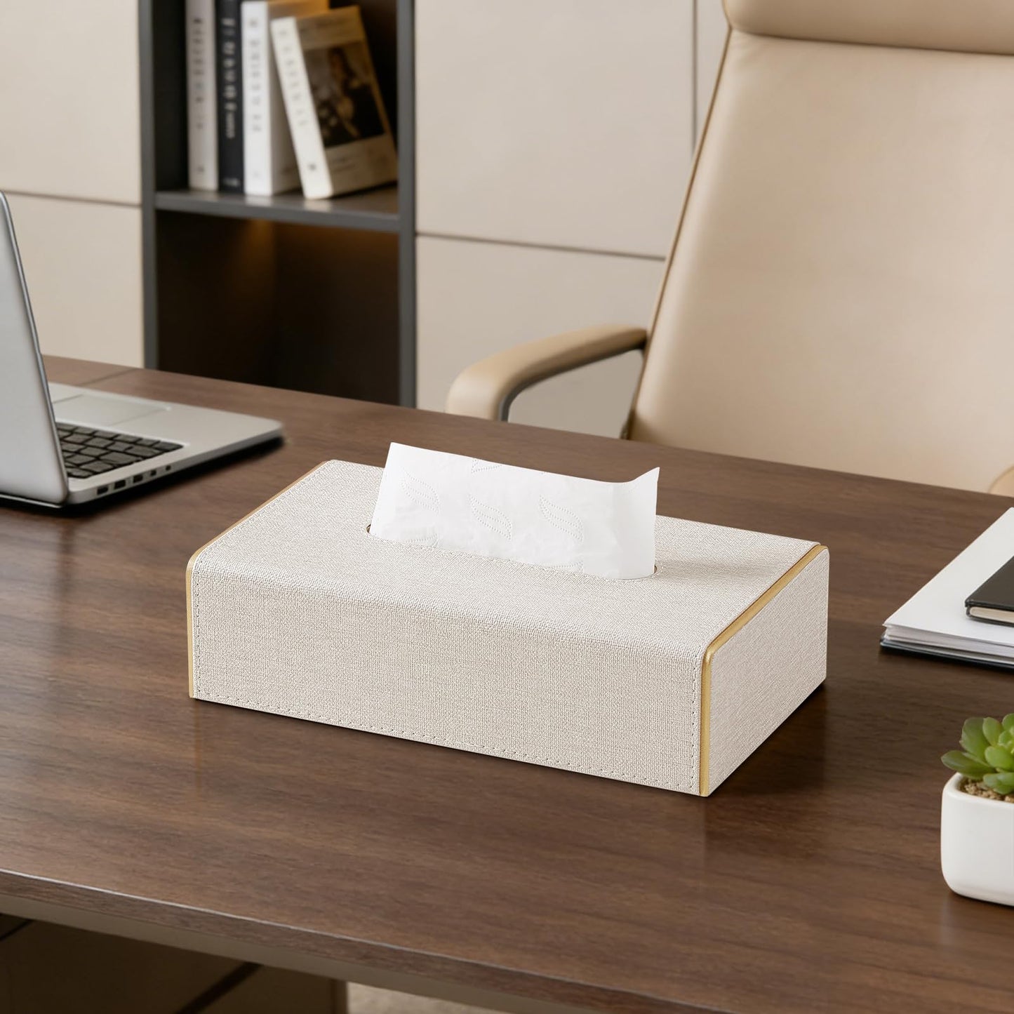 JLAMBOM Linen Tissue Box Cover Rectangle, 4 Sizes PU Leather Tissue Box Cover with Bottom, Decorative Tissue Holder for Bathroom Nightstand Car Office (Low Profile – Fits Tissue Boxes Up to 2.2" Tall)