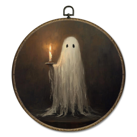 OINDADE Vintage Halloween Ghost Round Wall Art Decor, Fall Spooky Ghost Wall Art Hanging Decor, Halloween Fall Ghosts Candle Pictures Dark Academia Framed Canvas Artwork for Living Room Home, 10x10in