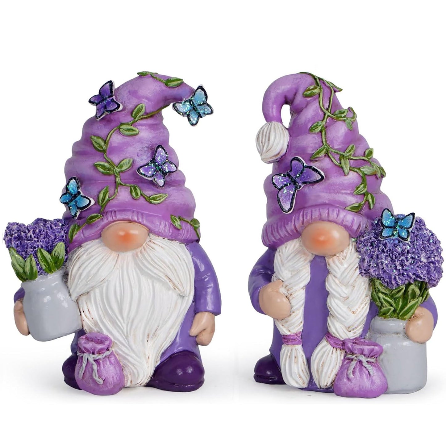 Hodao 2Pcs Purple Lavender Butterfly Gnome Figurine Set for Yard, Lawn, Patio, Porch - Weatherproof Resin Garden Decoration - Outdoor Decor & Unique Gnome Gift for Women