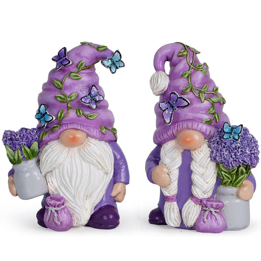 Hodao 2Pcs Purple Lavender Butterfly Gnome Figurine Set for Yard, Lawn, Patio, Porch - Weatherproof Resin Garden Decoration - Outdoor Decor & Unique Gnome Gift for Women